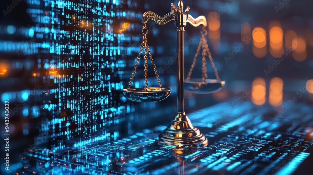 Poster the digital scales of justice against the backdrop of data and code symbolize the rule of law in the