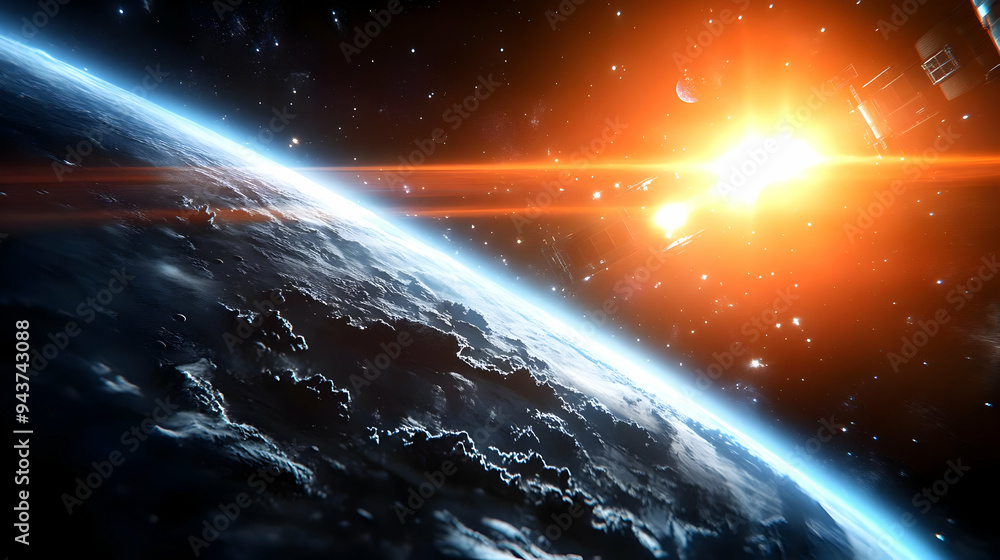 Poster a spaceship orbits a distant planet with a bright star in the background.