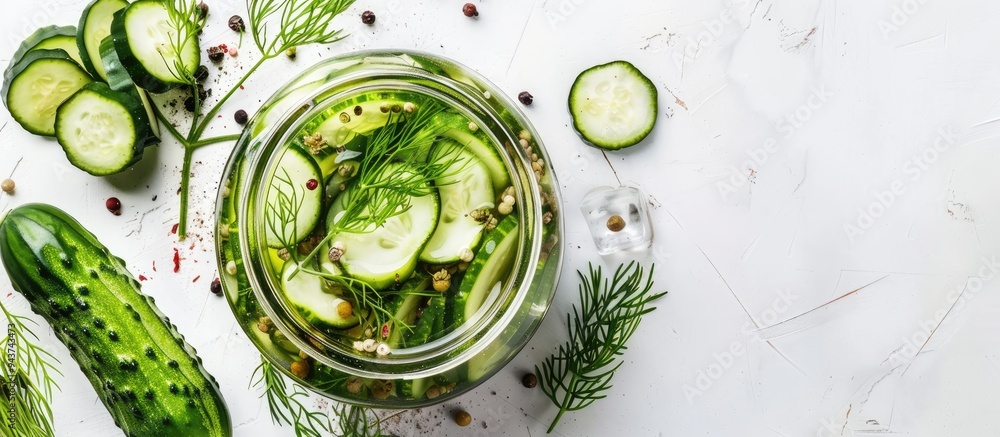 Poster glass jar containing fresh cucumbers and dill for pickling vegetables set against a white background