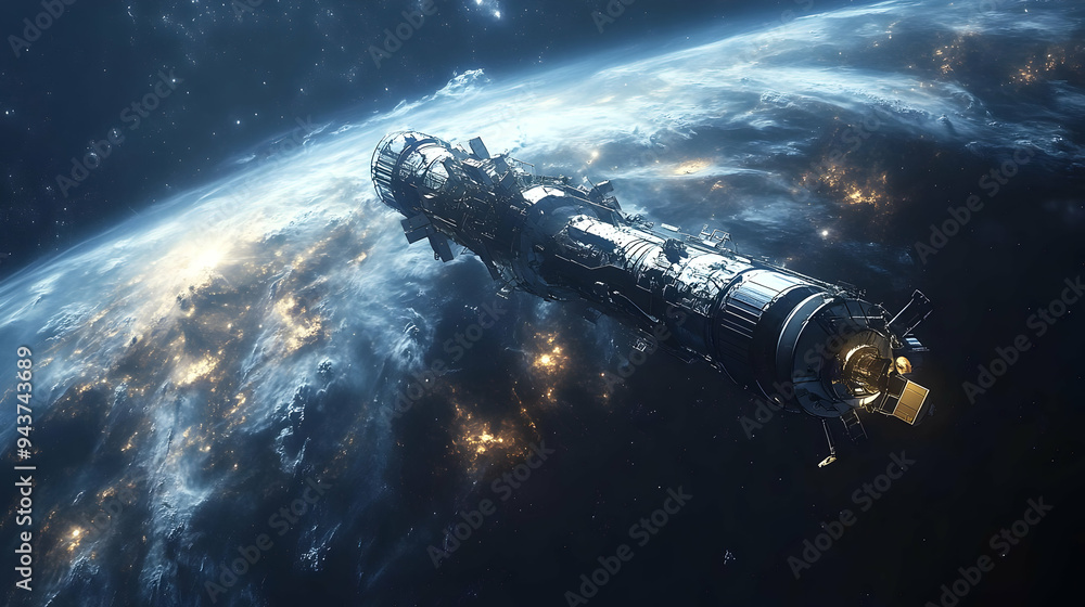 Poster A spaceship orbits the Earth with a view of the planet's surface at night.
