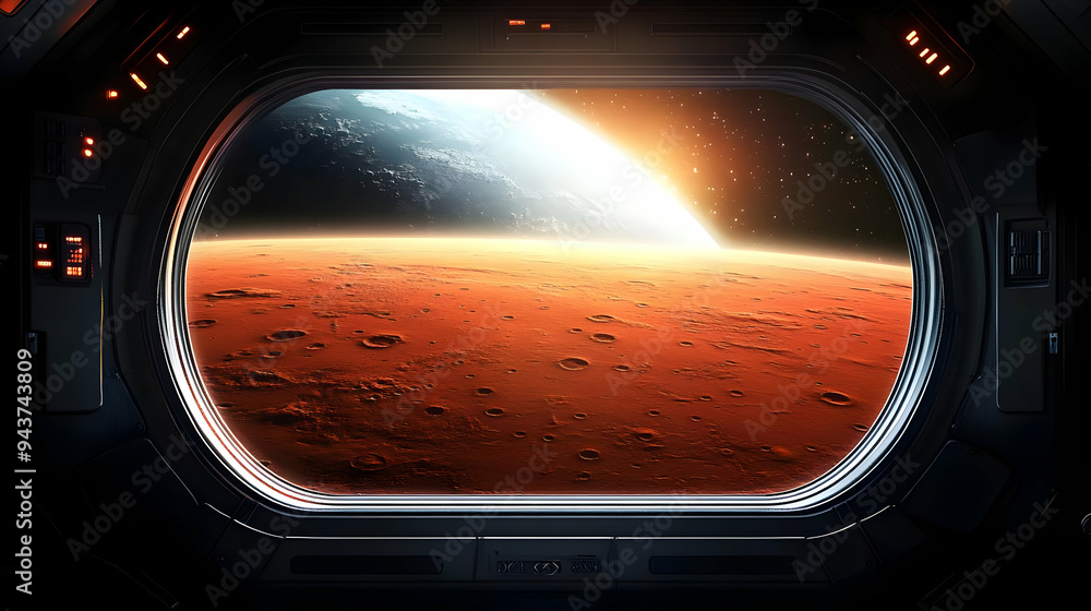 Poster A spaceship window view of Mars with a planet and sun in the distance.