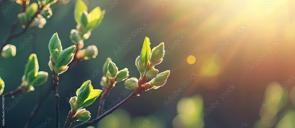 Aufkleber Close up view of spring buds on trees. with copy space image. Place for adding text or design
