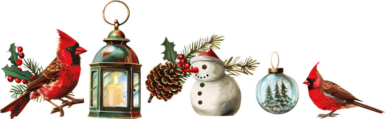 Fototapeta premium Set of festive Christmas illustrations featuring cardinals, lanterns, holly, pine cones, and winter decorations on a transparent background, perfect for holiday designs and seasonal decor