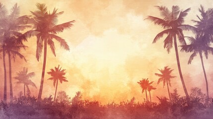 Naklejka premium Vintage Palm Trees Silhouette Sunset Watercolor Background