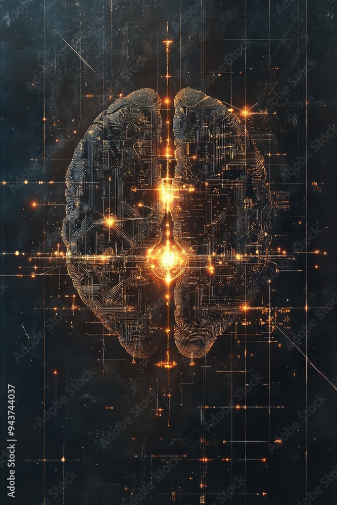 Poster glowing circuit board brain - artificial intelligence and technology concept