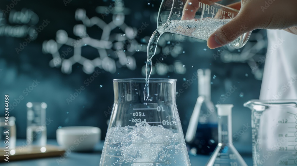 Poster hand pouring reagent into a beaker with chemical formula sketches in the background