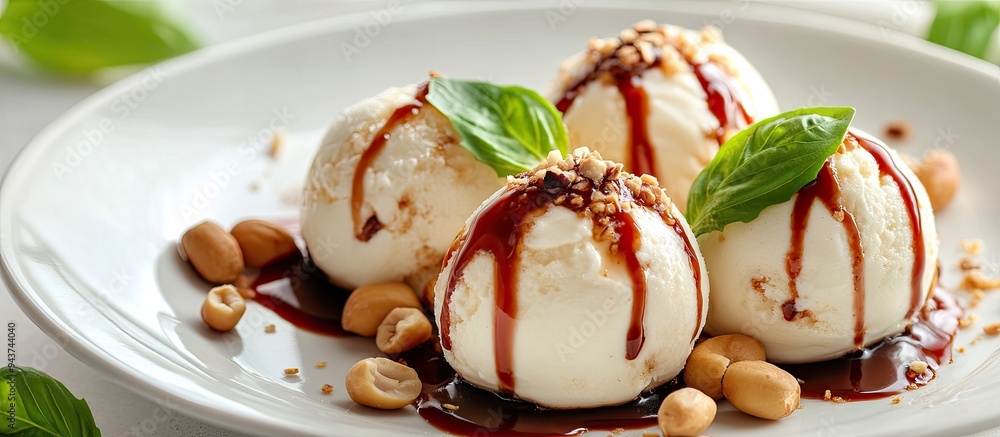 Poster Cottage cheese balls coated in peanuts and drizzled with apple basil sauce The dessert pretends to be ice cream. with copy space image. Place for adding text or design
