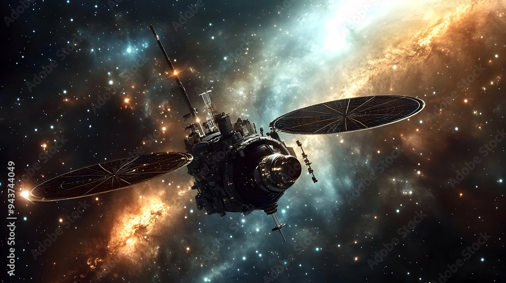 Aufkleber a spaceship with large solar panels in outer space against a backdrop of stars and a nebula.