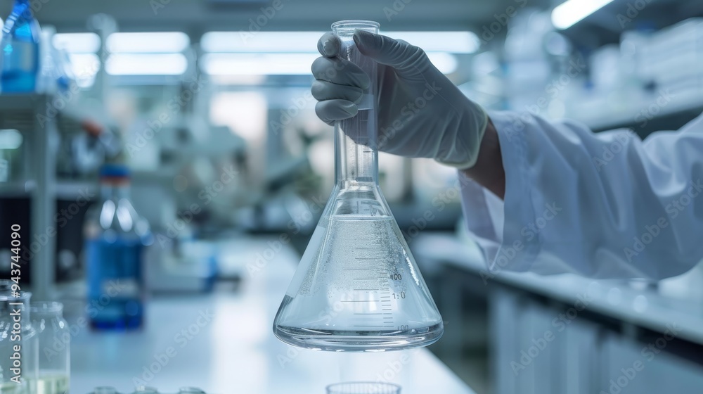 Poster Hands holding a chemical flask in a lab setting