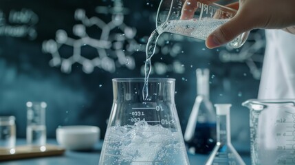 Hand pouring reagent into a beaker with chemical formula sketches in the background