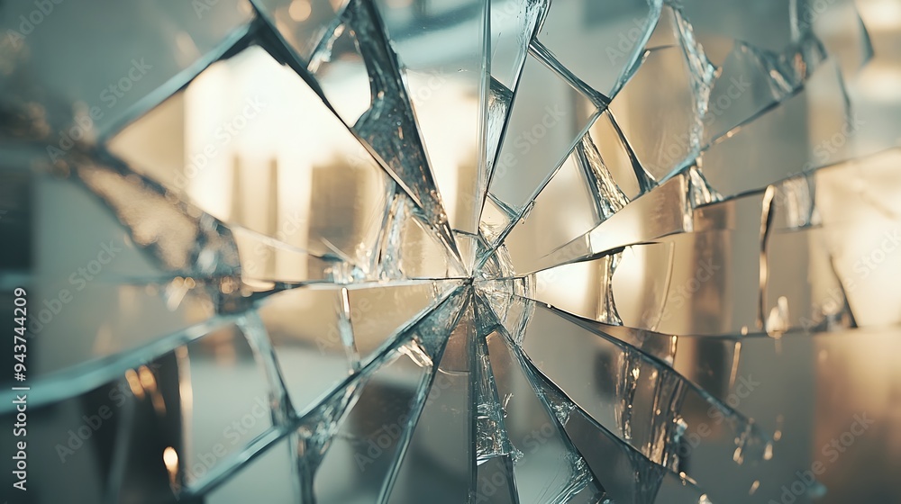 Poster shattered mirror reflecting diverse scenes and perspectives symbolizing the fragmented and multiface