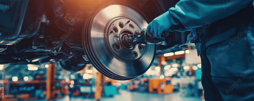 Poster close-up of a mechanic working diligently using an advanced diagnostic tool on a car brake disc in a