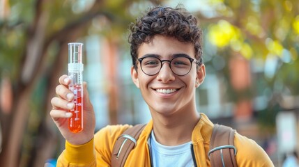 Happy student with backpack and test tube in hand