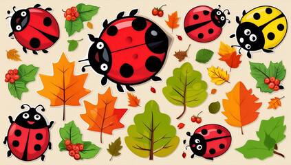 sticker set, different cute funny cartoon ladybug