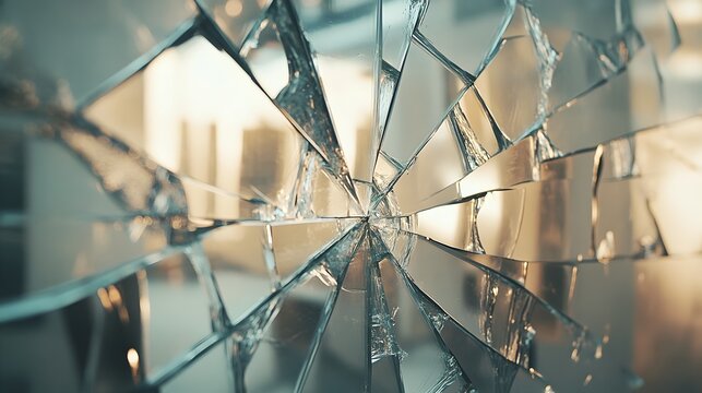 Shattered mirror reflecting diverse scenes and perspectives symbolizing the fragmented and multifaceted nature of reality  Abstract surreal composition with kaleidoscopic patterns and distorted light