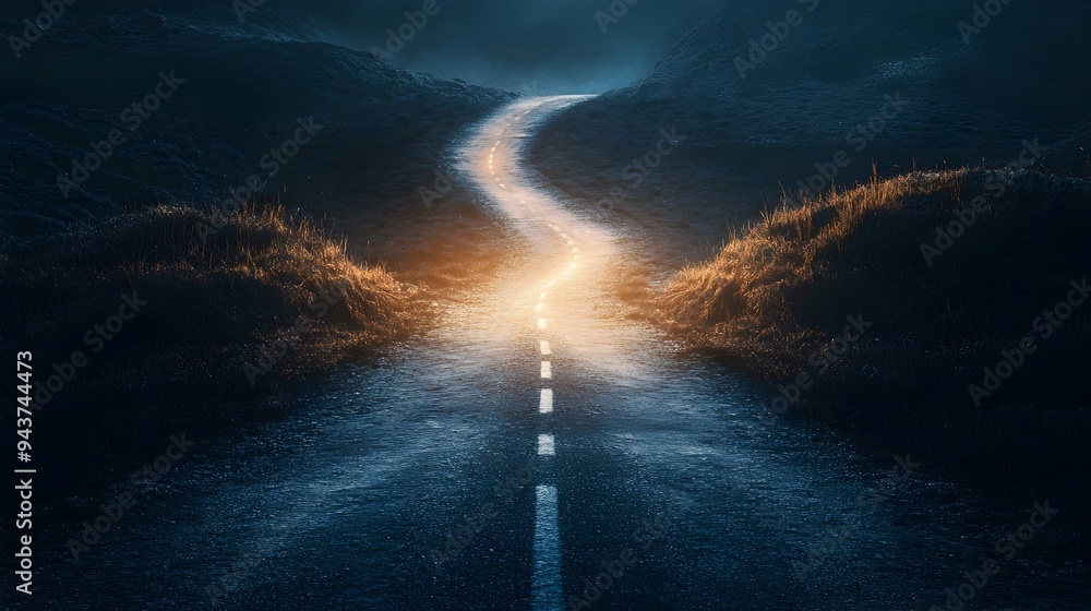 Poster a road splitting into two distinct paths one light and one dark symbolizing the moral choices and di