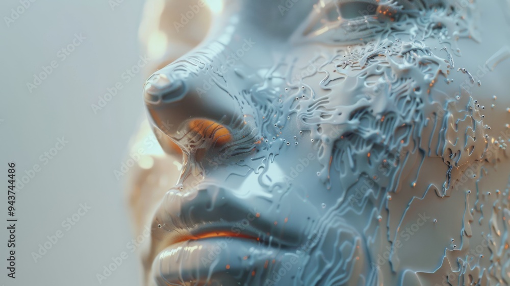 Poster High-tech AI elements assembling into a facial image, showcasing intricate details and a minimalist background