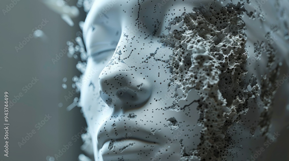 Poster high-tech ai elements assembling into a facial image, showcasing intricate details and a minimalist 