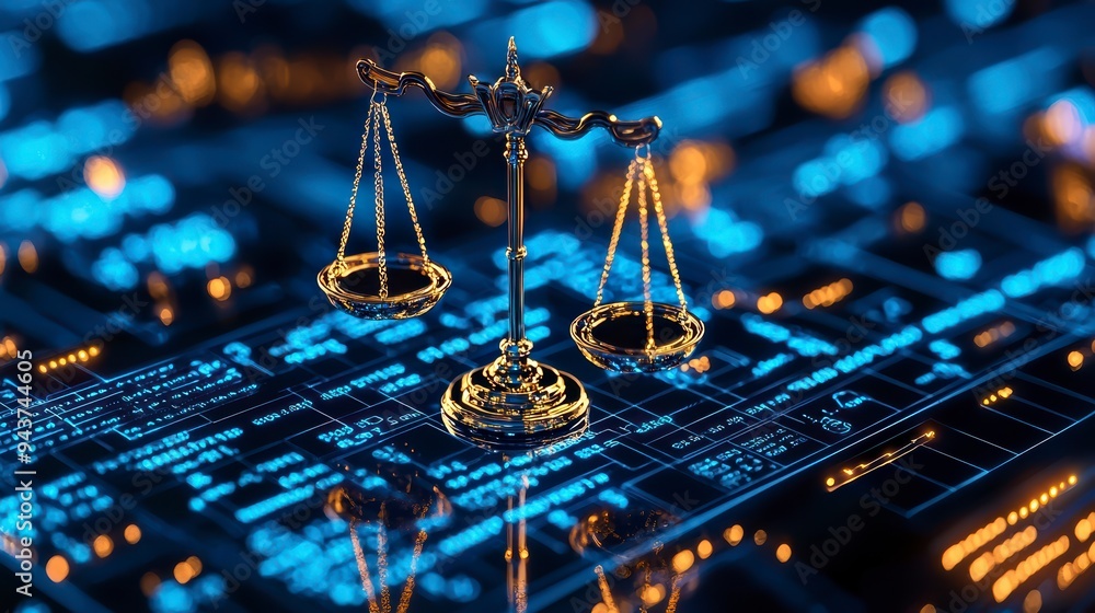 Poster the digital scales of justice against the backdrop of data and code symbolize the rule of law in the