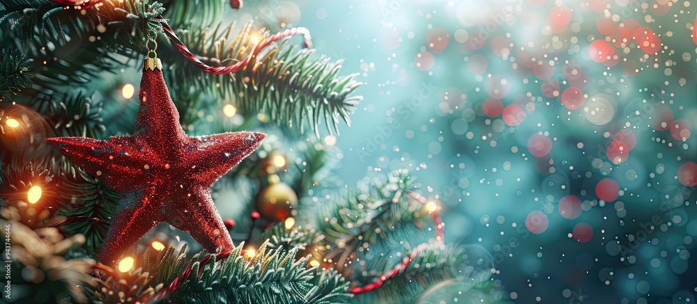Poster A New Year and Christmas backdrop featuring tree decorations. with copy space image. Place for adding text or design