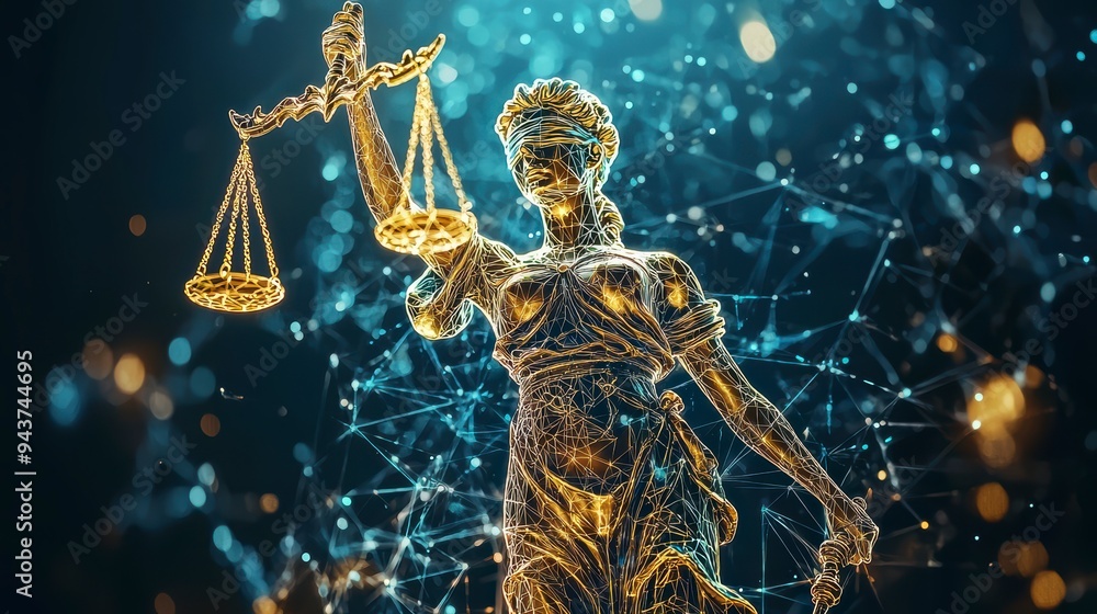 Poster the digital scales of justice against the backdrop of data and code symbolize the rule of law in the