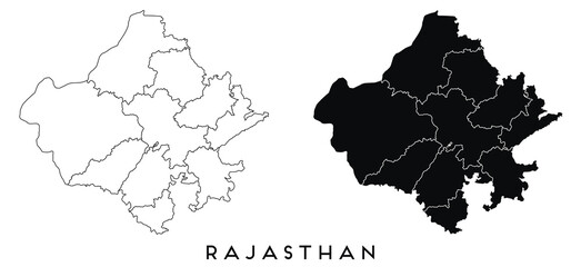 Rajasthan map of regions districts vector black on white and outline