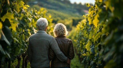 Elderly couple walking through vineyard arm in arm during sunset
