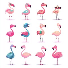 Obraz premium A colorful collection of cartoon flamingos with various accessories and styles.