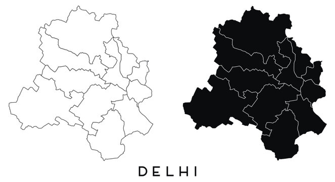 Delhi map of regions districts vector black on white and outline