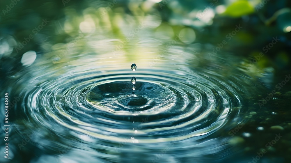 Poster a single water droplet creating gentle ripples across the calm surface of a pond symbolizing the far