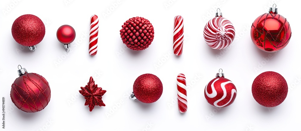 Poster christmas ornaments baubles and red candies on a white background holiday decoration greeting card t