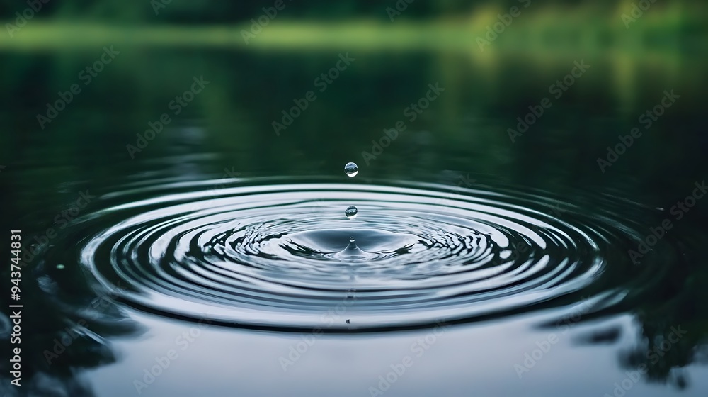 Poster a single droplet creating concentric ripples on the calm reflective surface of a serene pond symboli