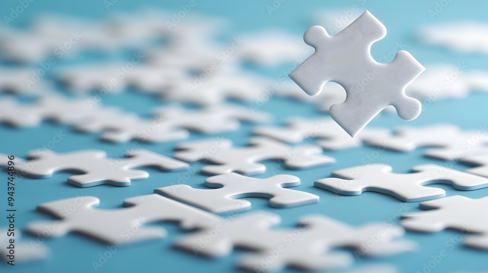 Poster floating jigsaw puzzle piece hovering above an incomplete puzzle symbolizing the missing piece or so