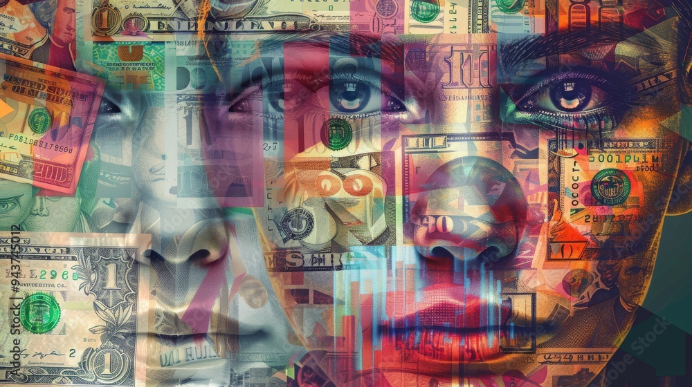 Poster Human face designed using a collage of different currencies, highlighting the blend of textures and patterns