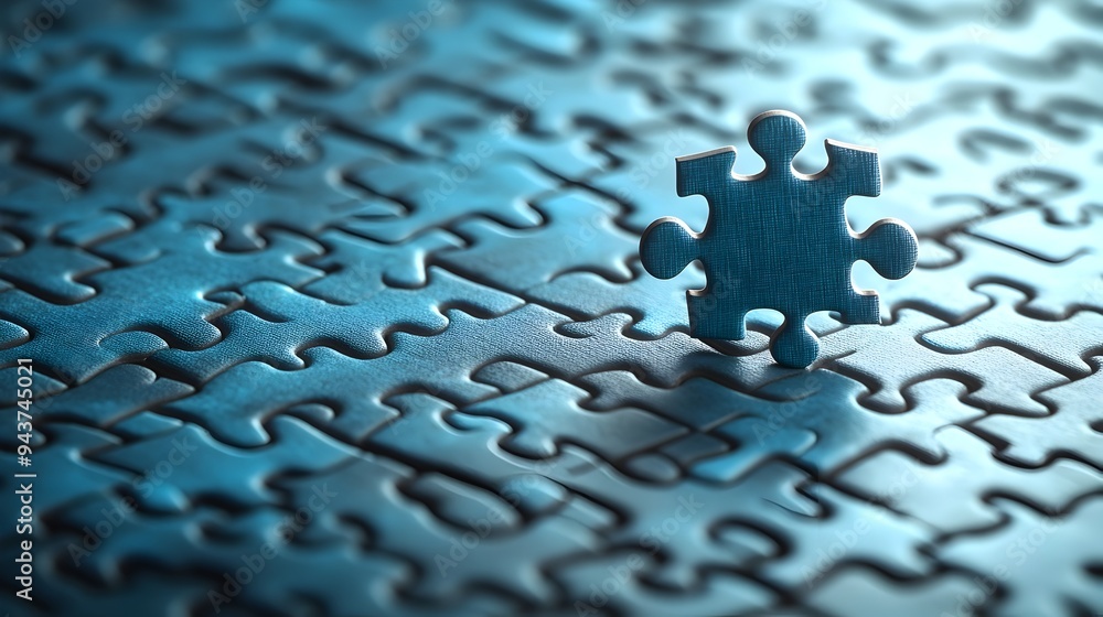 Poster floating jigsaw puzzle piece above an incomplete puzzle symbolizing the missing element or solution 