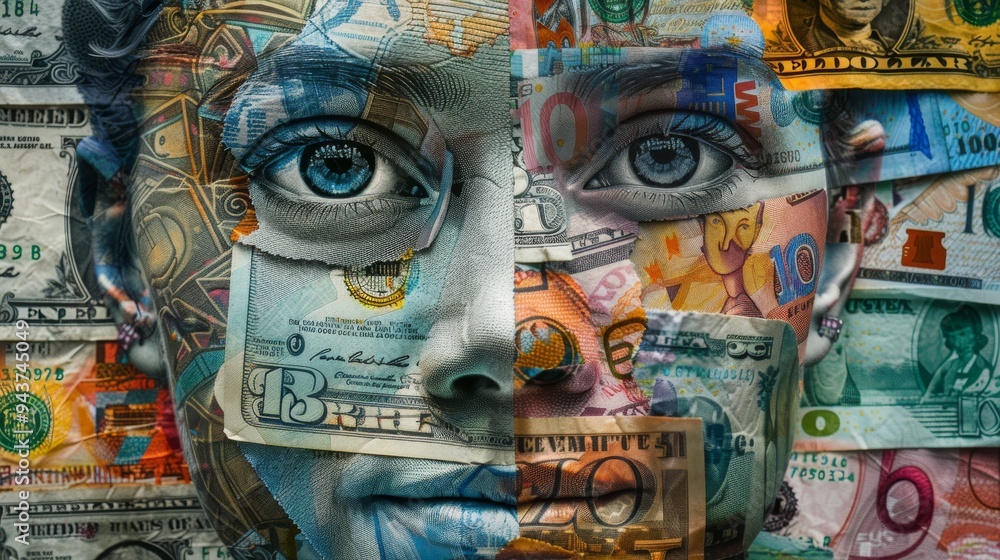 Poster Human face designed using a collage of different currencies, highlighting the blend of textures and patterns