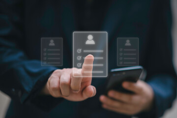 Hr, HRM, Human resources management concept. Check resume, Screening employee information, job applicants, Employees must complete the online survey form, answer the test questions