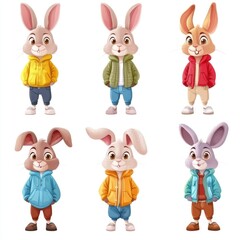 Naklejka premium A collection of cartoon rabbits in various colorful outfits.