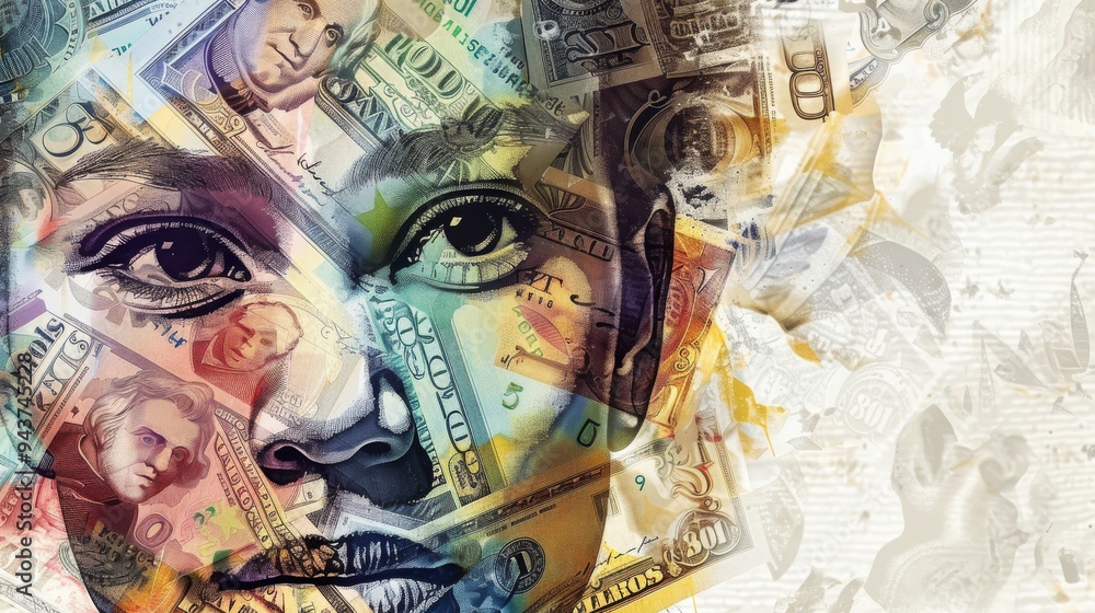 Aufkleber human face designed using a collage of different currencies, highlighting the blend of textures and 