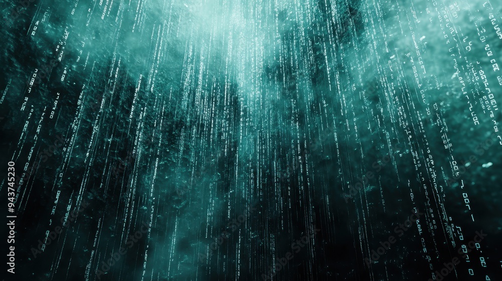 Poster abstract digital rain - futuristic teal green binary code background.