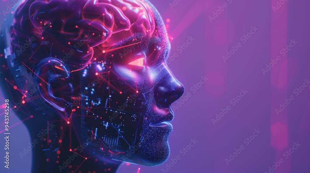 Poster Human head featuring a brain that glows with futuristic lights, contrasted with a modern, tech-oriented background