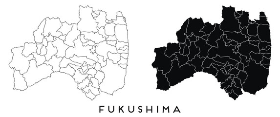 Fukushima map of regions districts vector black on white and outline