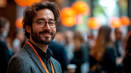 Young Professional Man with Glasses Smiling at Business Networking Event, Corporate Setting