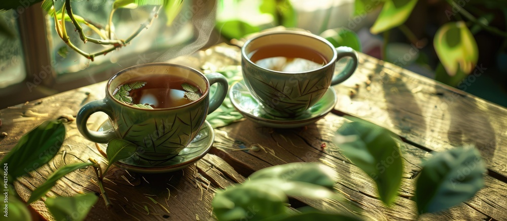 Leinwandbilder two mugs of green tea viewed from above. with copy space image. place for adding text or design