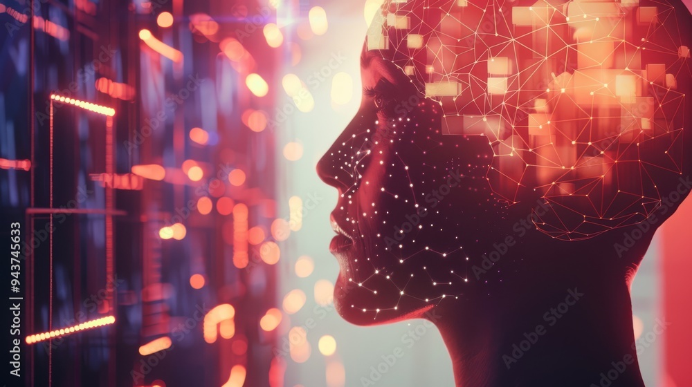 Poster human head with a brain lit up by radiant lights and complex geometric shapes in the background, evo