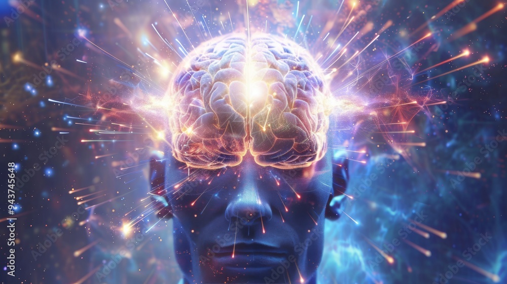 Poster human head with illuminated brain and bright light beams extending from the head against a sleek, fu