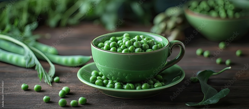 Leinwandbilder a cup filled with fresh garden peas on a green saucer accompanied by small peas and green pea pods i