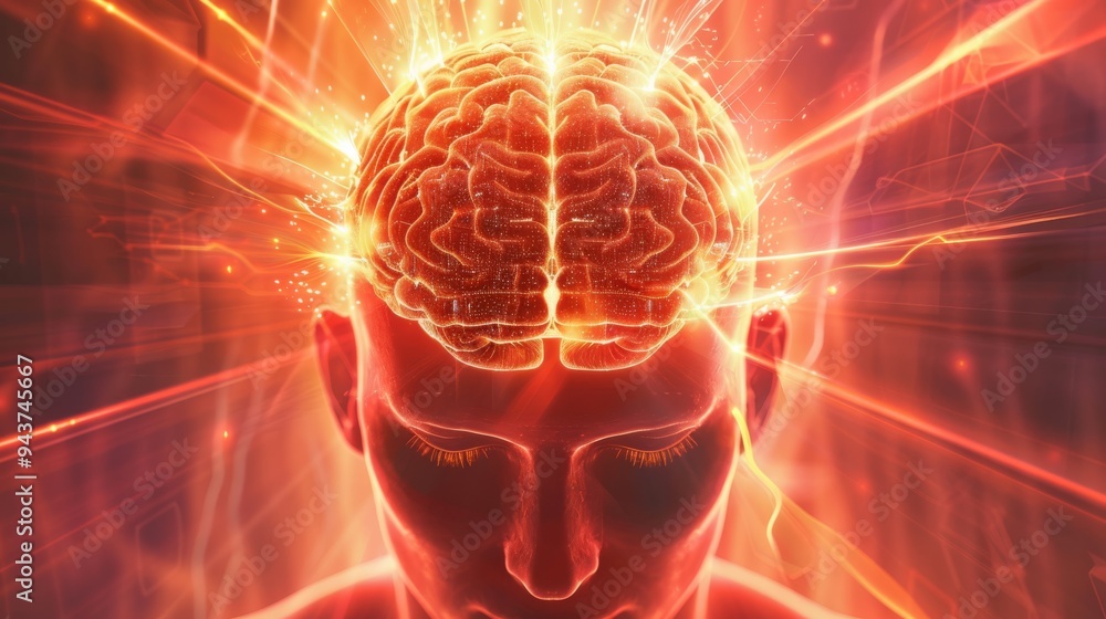 Poster human head with illuminated brain and bright light beams extending from the head against a sleek, fu