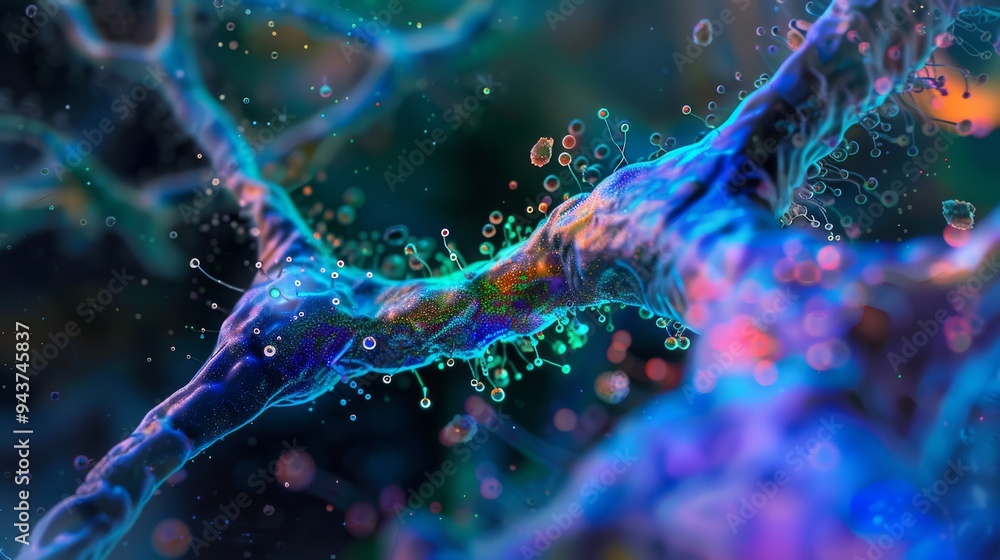 Poster hyper-detailed synapse activity, colorful neuron signals