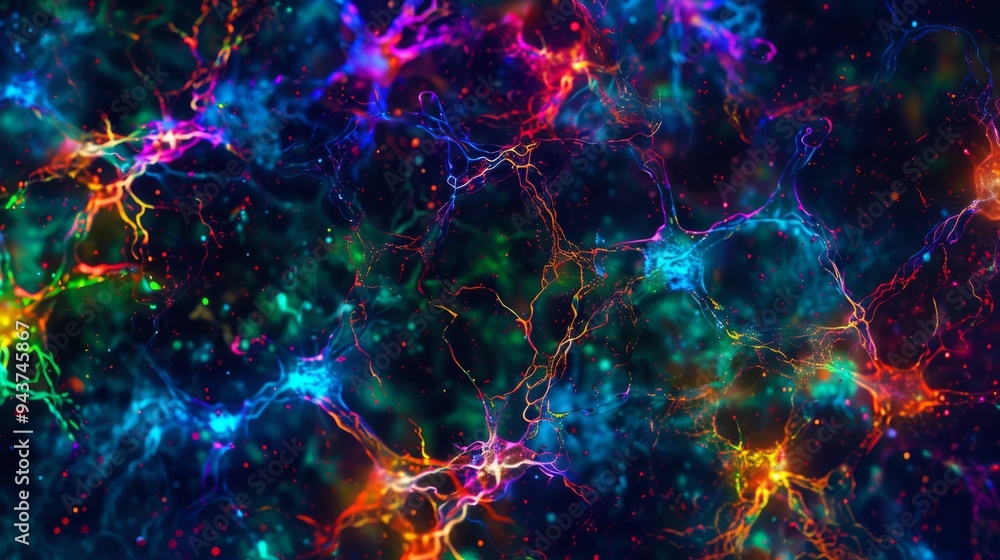 Poster hyper-detailed synapse activity, colorful neuron signals